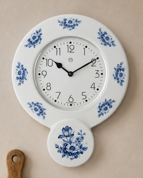 Küchenuhr, Keramik, Dekor blaue Blüten
