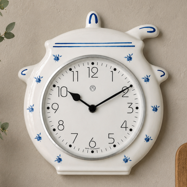 Küchenuhr, Keramik, Topf, blaue Blumen