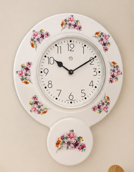 Küchenuhr, Keramik, Dekor rosa Blumen
